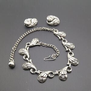 Vintage Silver Tone Floral Link Necklace & Clip Earrings Set Mid Century